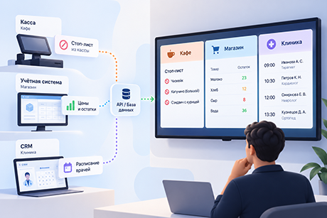 Данные из кассы, учётной системы и CRM через API или базу данных попадают на экран PushView: стоп-лист кафе, цены и остатки магазина, расписание врачей клиники